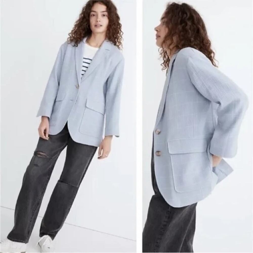 Madewell Cotton-Linen Relaxed Larsen Blazer Windowpane Blue Large - Picture 10 of 10